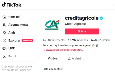 Page d'accueil de la page Tiktok du Crédit Agricole